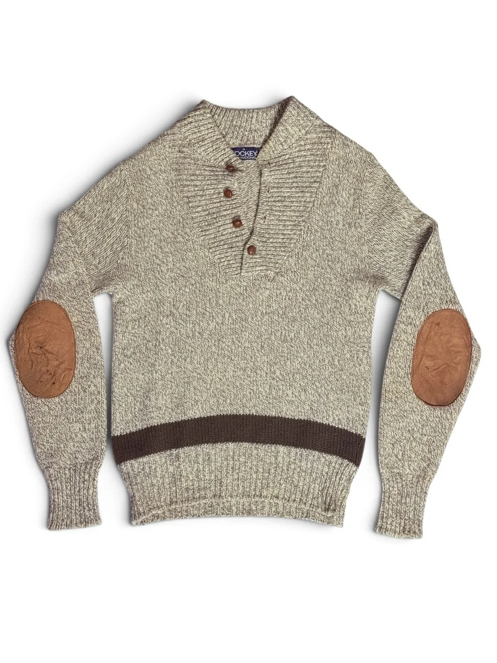 Vintage Prep Jockey International Marled Knit Henley Sweater Suede Elbow Patch